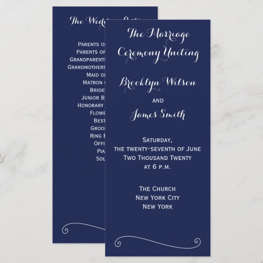 Rack Cards für Hochzeitsprogramme von Navy Blue El Programm (Vorne/Hinten)