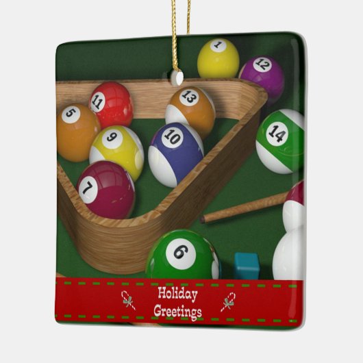 "Rack 'em up," game of billiards Keramikornament (Links)