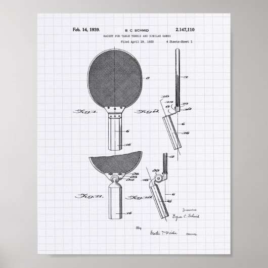 Racket Table Tennis 1939 Patent Art - Lined Peper Poster (Vorne)