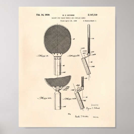 Racket Table Tennis 1939 Patentart - Alter Peper Poster (Vorne)