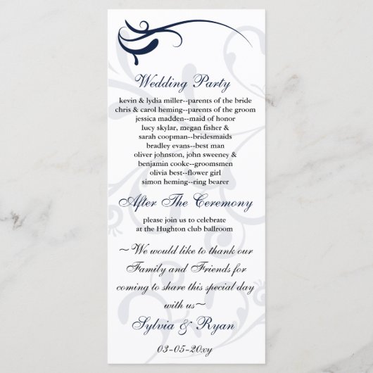 Rackkarte für das blaue und weiße Hochzeitsprogram Programm (Rückseite)