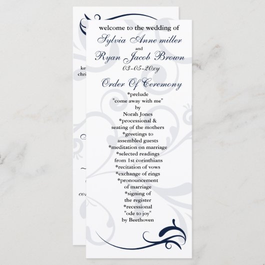 Rackkarte für das blaue und weiße Hochzeitsprogram Programm (Vorne/Hinten)