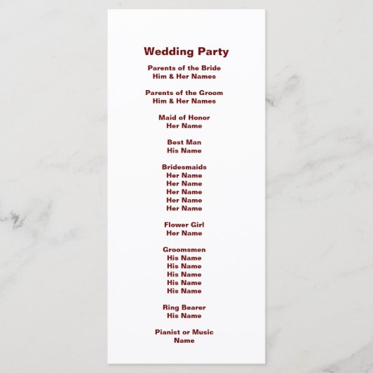 Rackkarte für das personalisierte Brautgroom Programm (Rückseite)