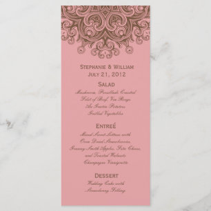 Rackkarte für das rosa und braune Hochzeitmenü Menükarte