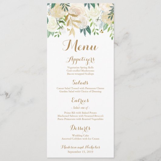 Rackkarten für Hochzeiten in Gold und Weiß-Blume Menükarte (Vorderseite)