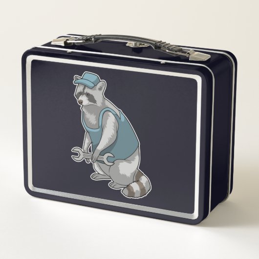 Racoon als Handwerker mit Wrench Metall Brotdose (Rückseite)