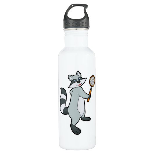 Racoon als Tennisspieler mit Tennisschläger Edelstahlflasche (Vorderseite)