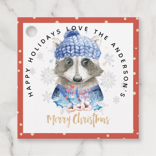 Racoon Christmas WAtercolor Blue Red Niedliche Ges Geschenkanhänger (Vorderseite)