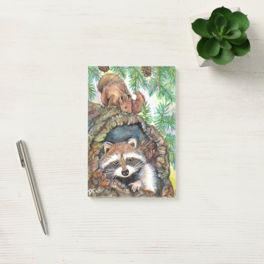 Racoon im Baum-Loch mit Eichhörnchen Post-it Klebezettel (Büro)