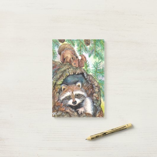 Racoon im Baum-Loch mit Eichhörnchen Post-it Klebezettel (Auf Schreibtisch)