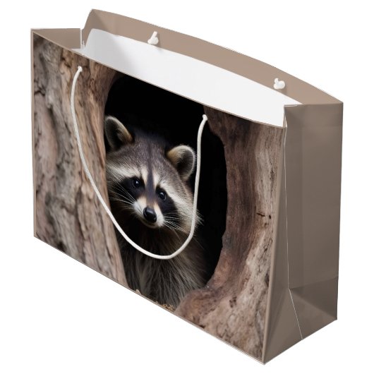 Racoon in der Baumhöhle Große Geschenktüte (Rückseite Schrägansicht)