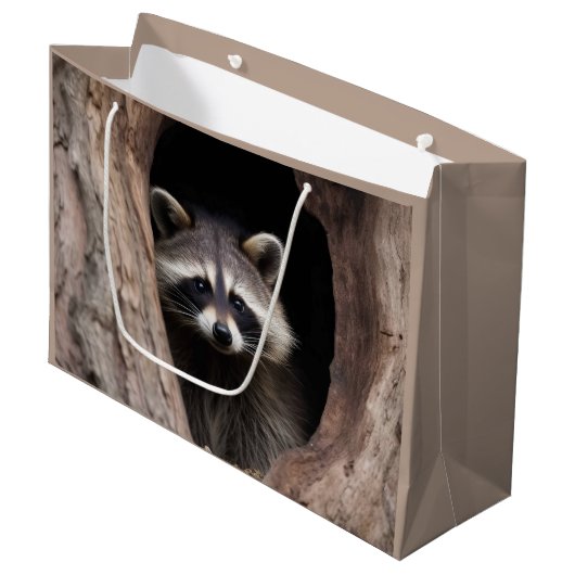 Racoon in der Baumhöhle Große Geschenktüte (Vorderseite Schrägansicht)