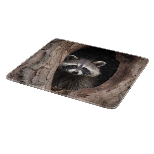 Racoon in Tree Cave Glass Schneidebrett (Ecke)