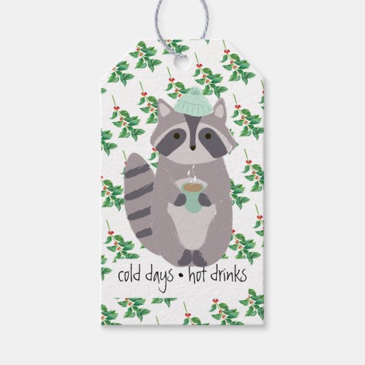 Racoon mit heißem Getränk Geschenkanhänger (Vorderseite)
