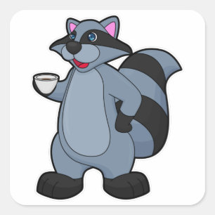 Racoon mit Tasse Kaffee Quadratischer Aufkleber