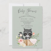 Racoon Watercolor Sage Green Baby Dusche Einladung (Vorderseite)