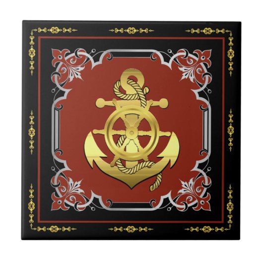 Rad/Anker des Schiffes, ziegelrot/gold/silber Fliese (Vorderseite)