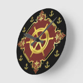 Rad/Anker/Gold/Schwarz/Rot des Schiffes Runde Wanduhr (Winkel)
