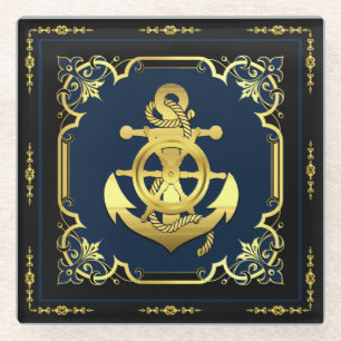 Rad/Ankermarinavy-blau/gold des Schiffes Glasuntersetzer