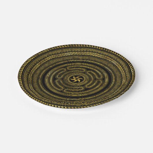 Rad der griechischen Schlüssel Schwarz und Gold Pappteller (Schrägansicht)