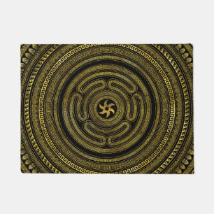 Rad des griechischen Schlüsselschwarz und Gold Fußmatte