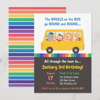 Räder auf dem Bus-Niedliche Tiere-Kindergeburtstag Einladung