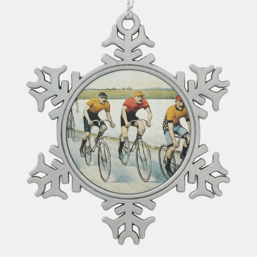 Radfahrende alte Spitzenschule Schneeflocken Zinn-Ornament (Vorderseite)