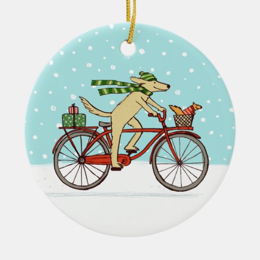 Radfahrer Hund und Eichhörnchen Whimsical Winterur Keramikornament (Vorne)