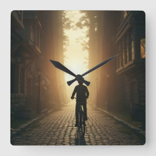 Radfahrer Silhouette Street Scene Quadratische Wanduhr