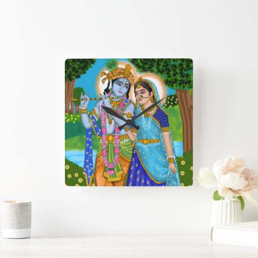 Radha Krishna Clock Quadratische Wanduhr (Zuhause)