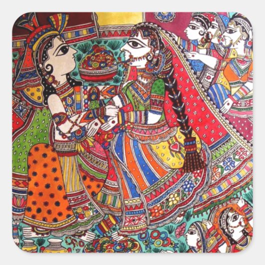 RADHA KRISHNA HINDU GODS MADHUBANI ART STYLE QUADRATISCHER AUFKLEBER (Vorderseite)