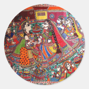 RADHA KRISHNA HINDU GODS MADHUBANI ART STYLE RUNDER AUFKLEBER