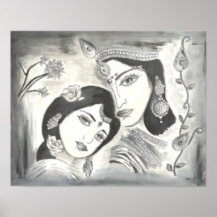 Radha Krishna schwarz und weiß Poster