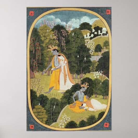 Radha und Krishna gehen in einem Hain Poster (Vorne)