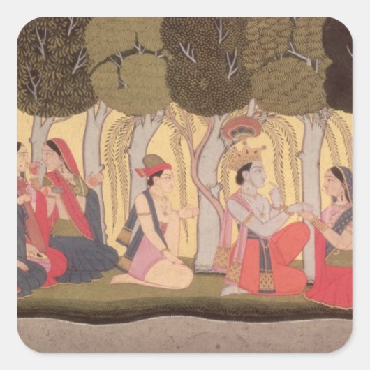 Radha und Krishna sitzen in einem Hain, Kulu Quadratischer Aufkleber (Vorderseite)