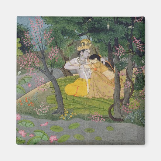Radha und Krishna umarmen in einem blühenden Hain Magnet (Vorne)