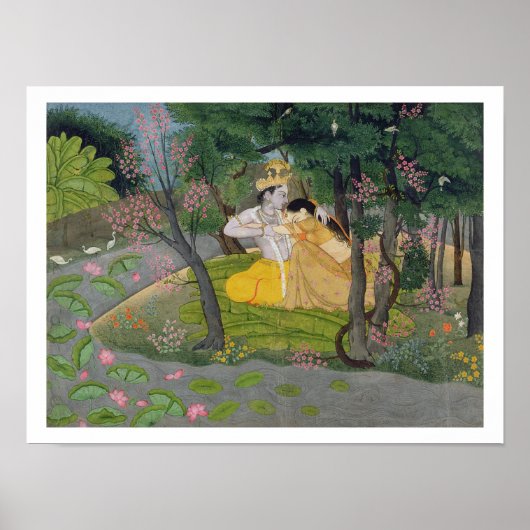 Radha und Krishna umarmen in einem blühenden Hain Poster (Vorne)