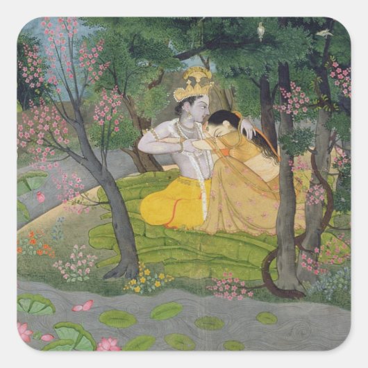 Radha und Krishna umarmen in einem blühenden Hain Quadratischer Aufkleber (Vorderseite)