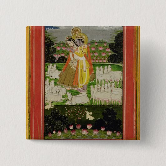 Radha und Krishna Umarmung in einem idealisierten Button (Vorderseite)
