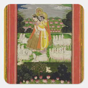 Radha und Krishna Umarmung in einem idealisierten Quadratischer Aufkleber
