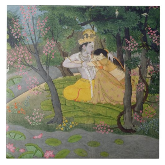 Radha und Krishna Umarmung in einer Waldung des Fliese (Vorderseite)
