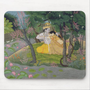Radha und Krishna Umarmung in einer Waldung des Mousepad