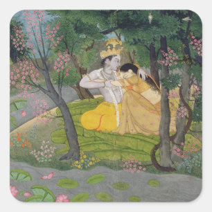 Radha und Krishna Umarmung in einer Waldung des Quadratischer Aufkleber