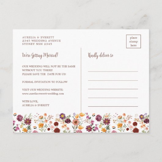 Radialfall-Wildblume Save the Date Ankündigungspostkarte (Rückseite)