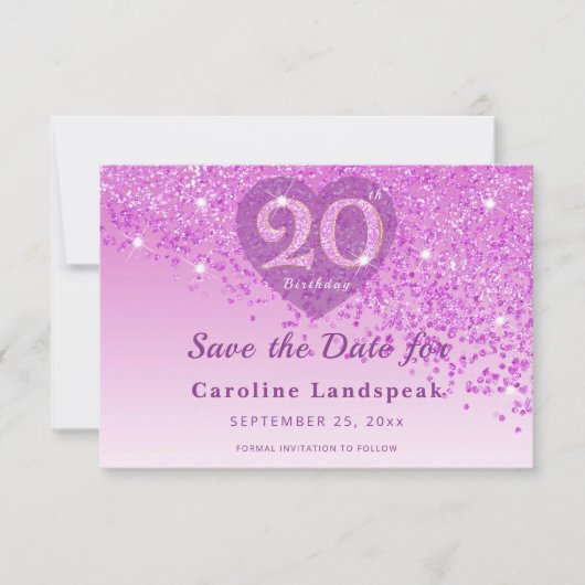 Radiant 20th Birthday Pink Glitter Frosted Heart Save The Date (Vorderseite)