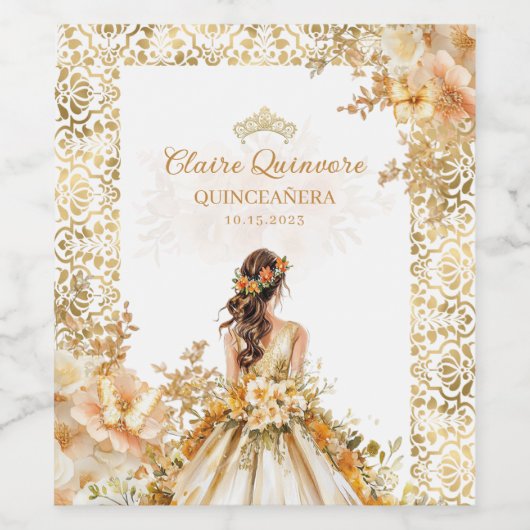 Radiant Bloom Floral Gold Princess Quinceanera Weinetikett (Einzelnes Label)