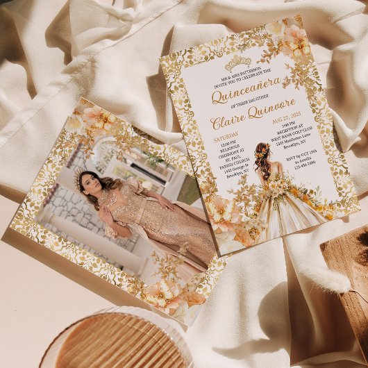 Radiant Bloom Floral Princess Foto Quinceanera Einladung