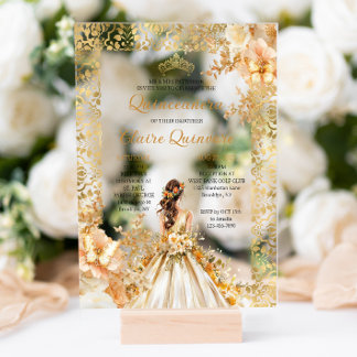 Radiant Bloom Floral Princess Gold Quinceanera Acryleinladungen