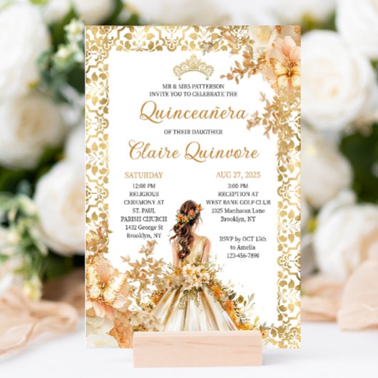 Radiant Bloom Floral Princess Gold Quinceanera Einladung