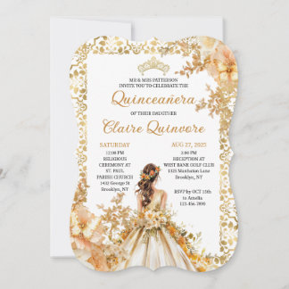 Radiant Bloom Floral Princess Gold Quinceanera Inv Einladung
